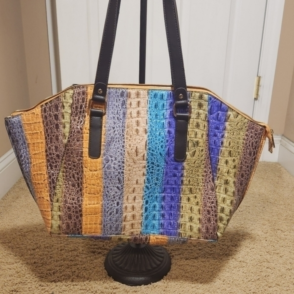 Multi Stripe Croco Bag by Sondra Roberts Textured‎ Faux Large Tote Shoulder Bag